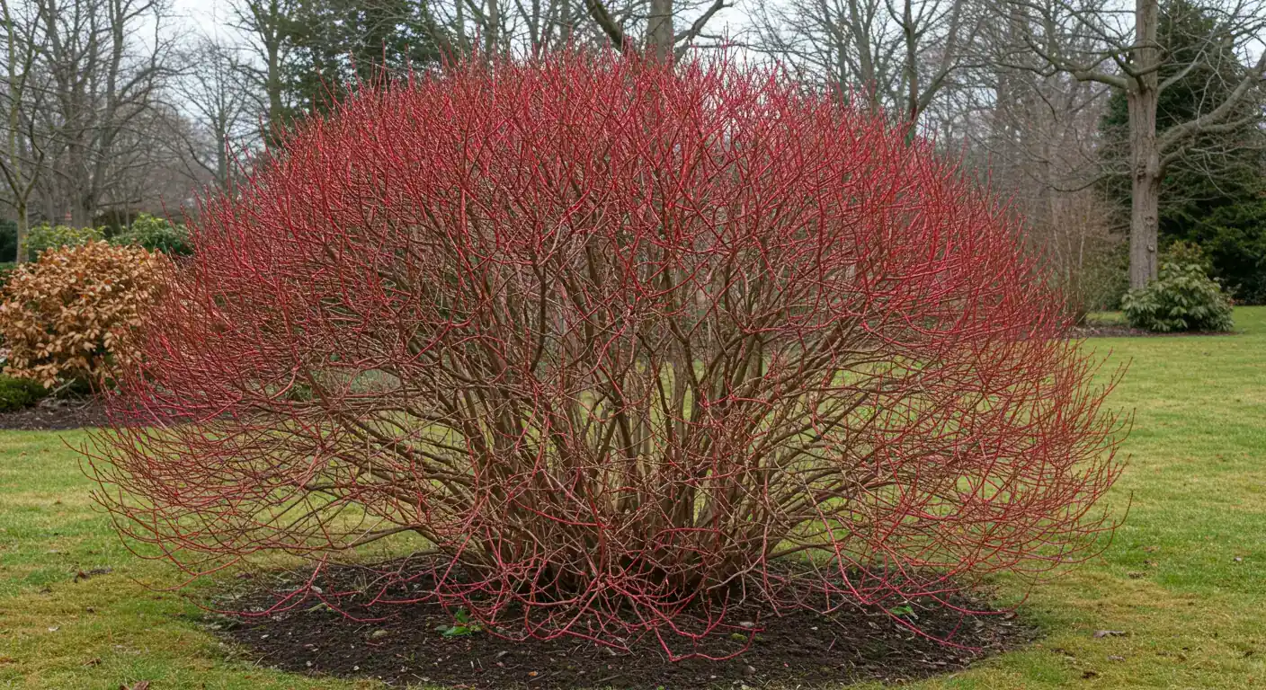 A photograph clearly illustrating the 'leggy' appearance of an unpruned dogwood shrub. The image should show a mature shrub with noticeable bare, woody stems at the lower portion and sparser foliage concentrated towards the top ends of the branches, contrasting with the desired full look.