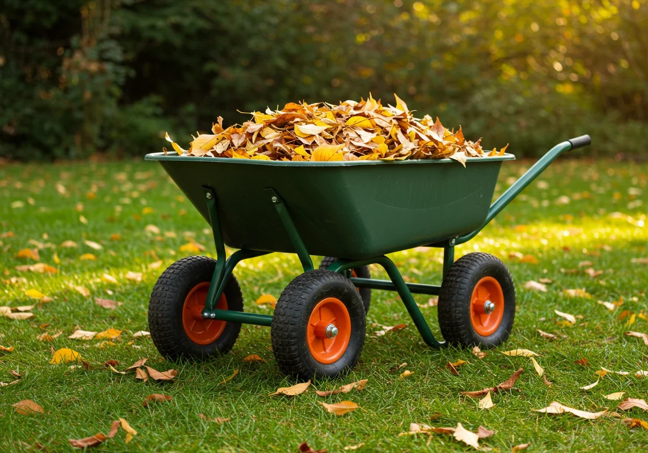 A sturdy, poly-tub dual-wheel wheelbarrow filled neatly with colourful fall leaves, parked stably on a grassy lawn. The two front wheels are clearly visible, emphasizing the stability feature discussed in the text. Soft afternoon light.