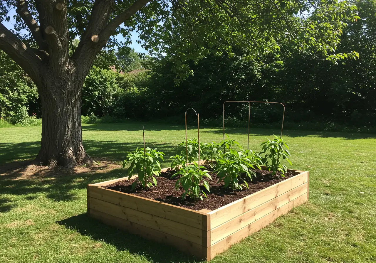 An image illustrating the 'raised bed' strategy. It shows a well-built wooden raised garden bed filled with rich soil, containing healthy vegetable plants. The raised bed is positioned near, but clearly separate from, the base of a large mature tree, visually demonstrating isolation from potentially toxic ground soil.