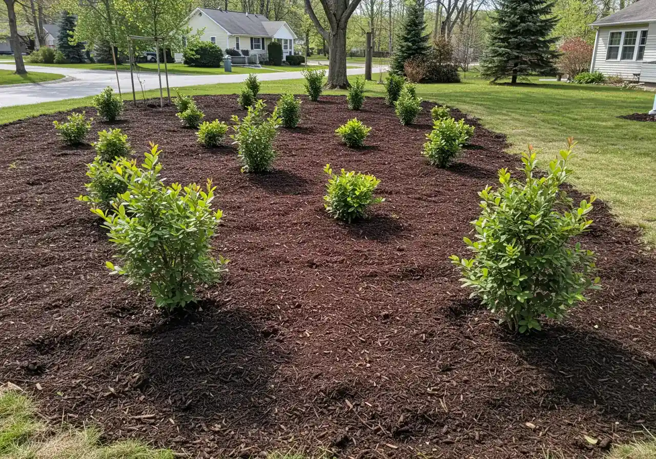A photograph of a newly planted garden bed showcasing good spacing. Small, young shrubs or perennials are planted far apart in mulched soil, with ample space visible between them, implying room for future growth. The layout could be slightly staggered. Focus on the space and the potential for growth.
