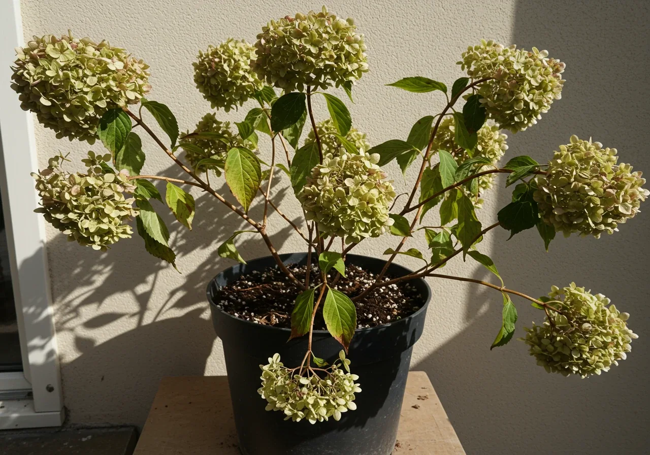 A photograph showcasing the 'Dramatic Droop (Wilting)' sign. It should feature a common garden plant known for wilting visibly, like a hydrangea or impatiens, with its leaves and potentially flower heads clearly sagging and looking limp, compared to how it would normally appear upright and turgid. The overall impression should be one of dehydration.
