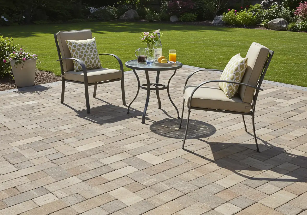 A photograph of a welcoming paver patio area. A comfortable outdoor seating arrangement (e.g., two chairs and a small table) is shown with ample clear space (at least 3-4 feet) around it, allowing for easy walking access past the furniture without feeling cramped. The edge of the patio transitions cleanly to a lawn or garden bed.