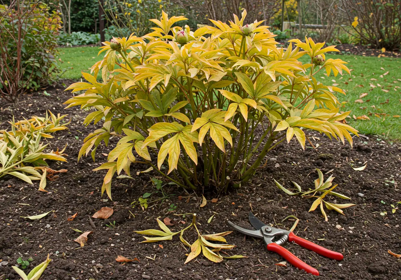 An image depicting the fall cleanup process for peonies. Shows yellowed and browned peony foliage cut back close to the ground level (leaving only a few inches of stem). Clean pruning shears might be resting nearby on the soil. Emphasis is on the tidied appearance post-cutback, with surrounding soil possibly showing signs of fallen leaves.