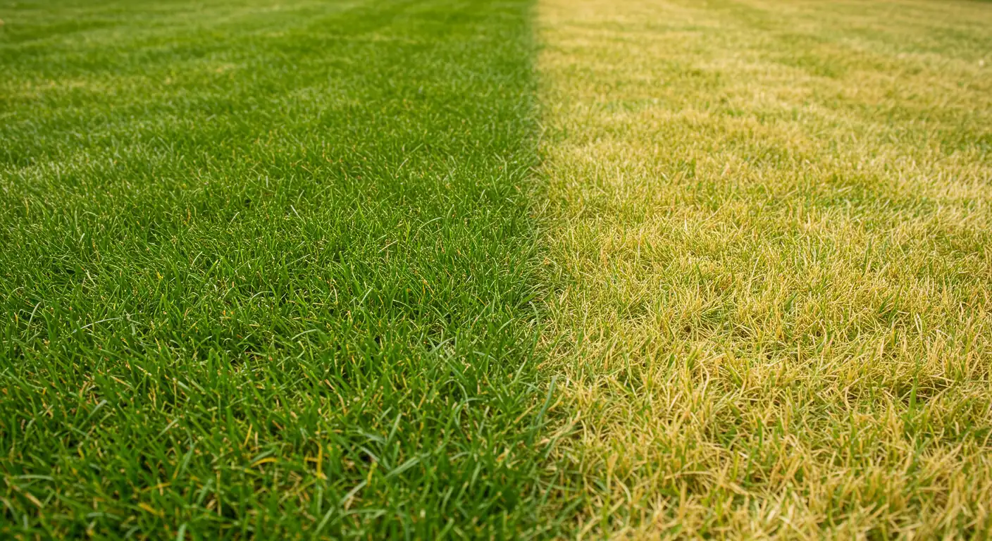 A clear visual example of the 'patchy lawn' problem described. The image should show a residential lawn with noticeable variations in health and color. One area might be lush and green, while another nearby area looks stressed, thin, or brownish, illustrating the inconsistent results caused by microclimates.