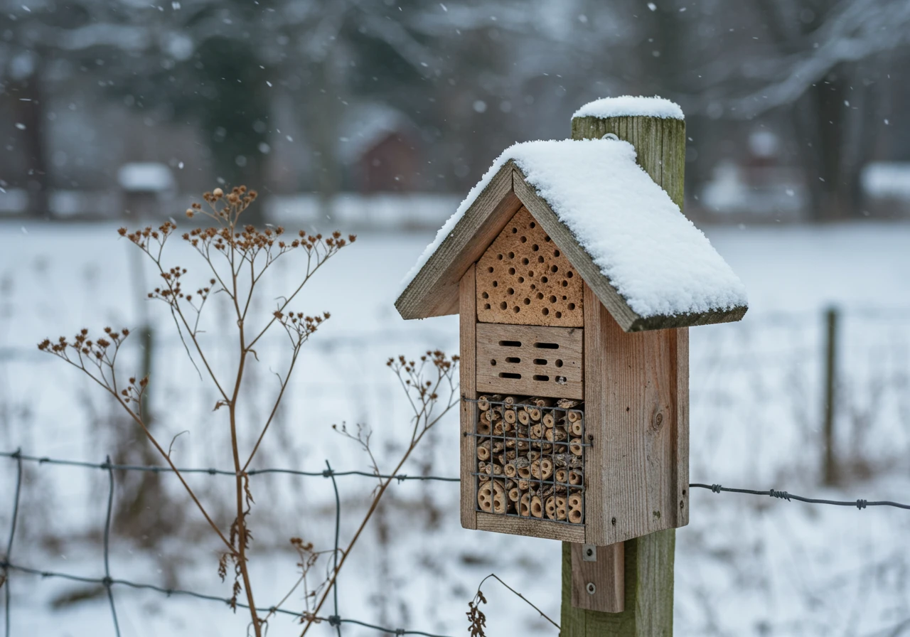 A visual showing the concept of leaving the hotel undisturbed in winter. This could be an insect hotel partially covered in natural snow in a garden setting, emphasizing the 'Leave It Outside!' rule.