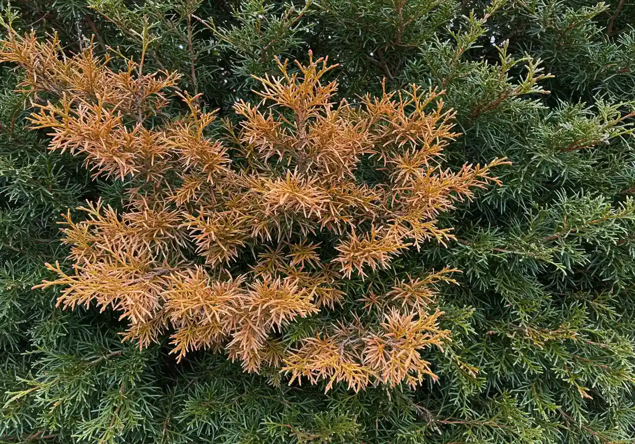 A detailed close-up image focusing on the foliage of an Eastern White Cedar hedge exhibiting typical winter browning or desiccation. Show the contrast between the affected bronze/brown tips and the healthier green foliage nearby, illustrating a common challenge discussed for Ottawa winters.