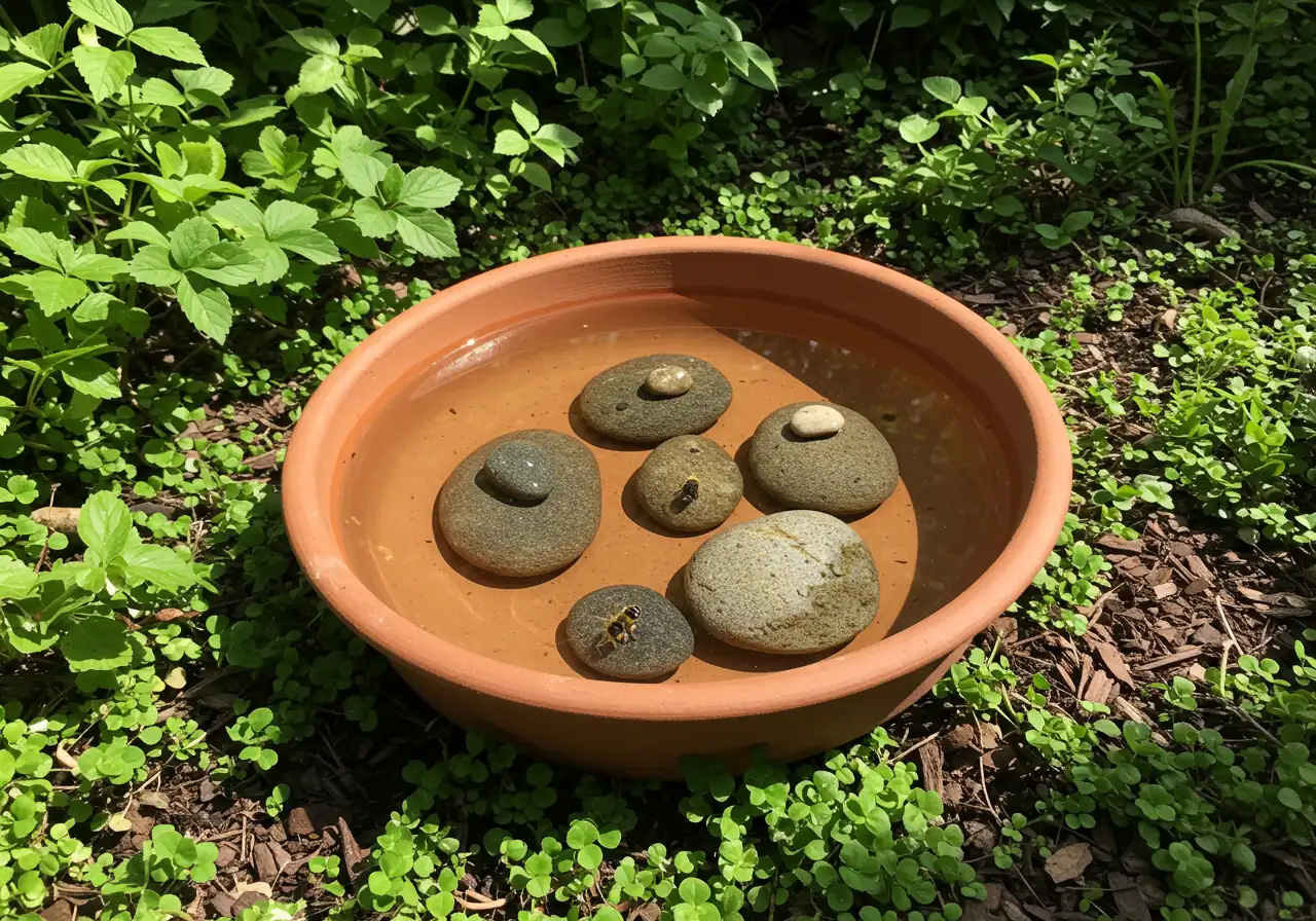 A photograph depicting a simple, shallow, earth-toned ceramic dish filled with clean water, acting as a bird bath or insect water source. It's placed naturally amongst low-growing native plants or on mulch within a garden bed. Several smooth stones are placed inside, breaking the water surface to provide safe landing/drinking spots for small insects, subtly illustrating the concept of providing water for wildlife.