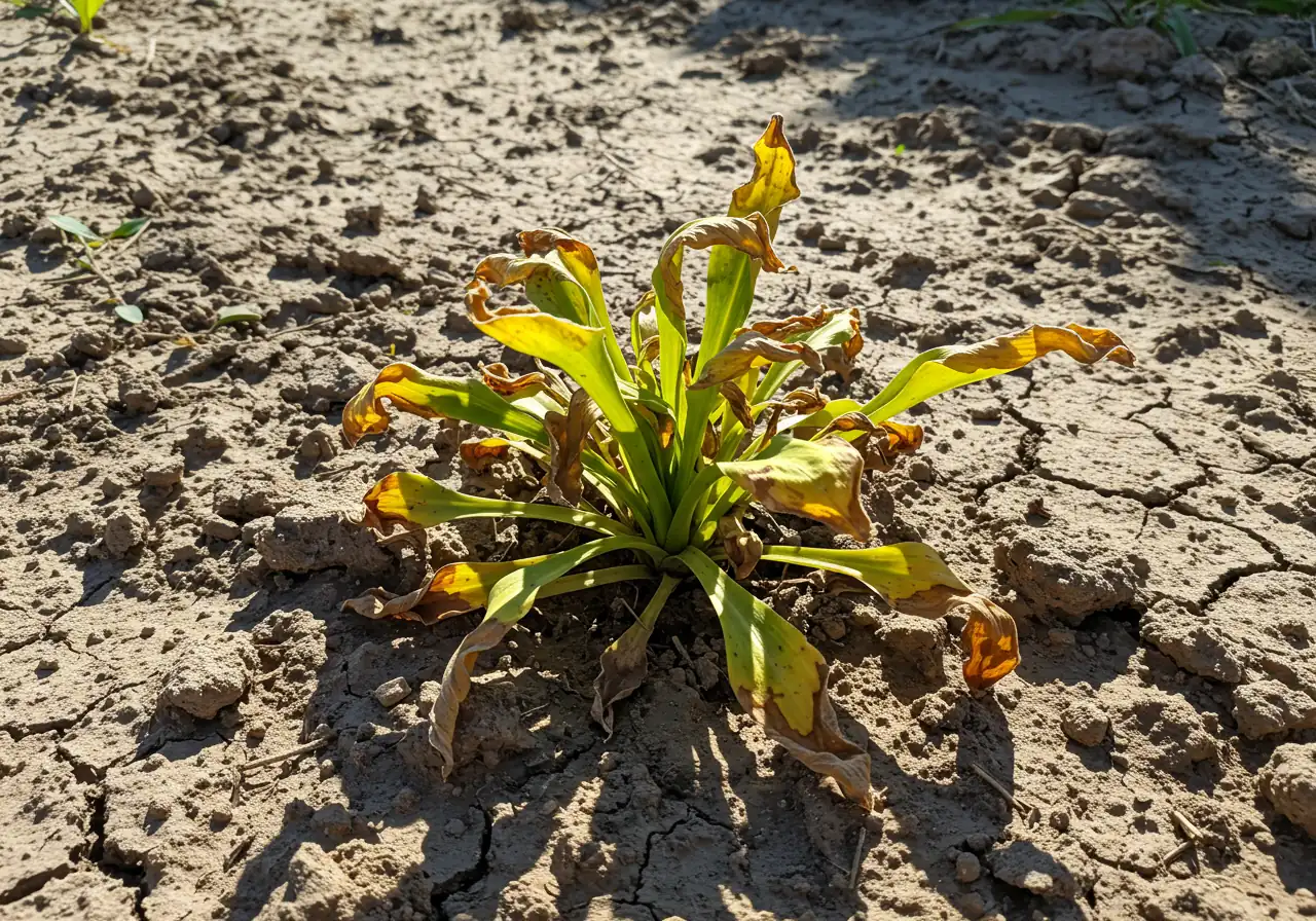 A photograph focusing on a single, visibly stressed plant (e.g., a perennial with yellowing, drooping leaves) growing in poor soil conditions, perhaps cracked earth or overly dense clay, symbolizing the negative impact of bad soil structure.