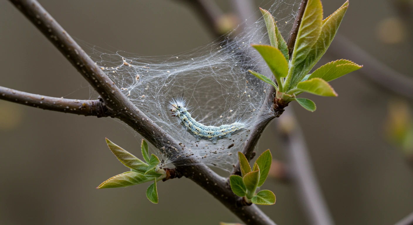 An image showing a newly formed, relatively small, white silk tent of the Eastern Tent Caterpillar nestled securely in the V-shaped crotch where two branches meet on a flowering crabapple or cherry tree. The tree should show early spring buds or small emerging leaves. The focus is on the tent structure against the branches.