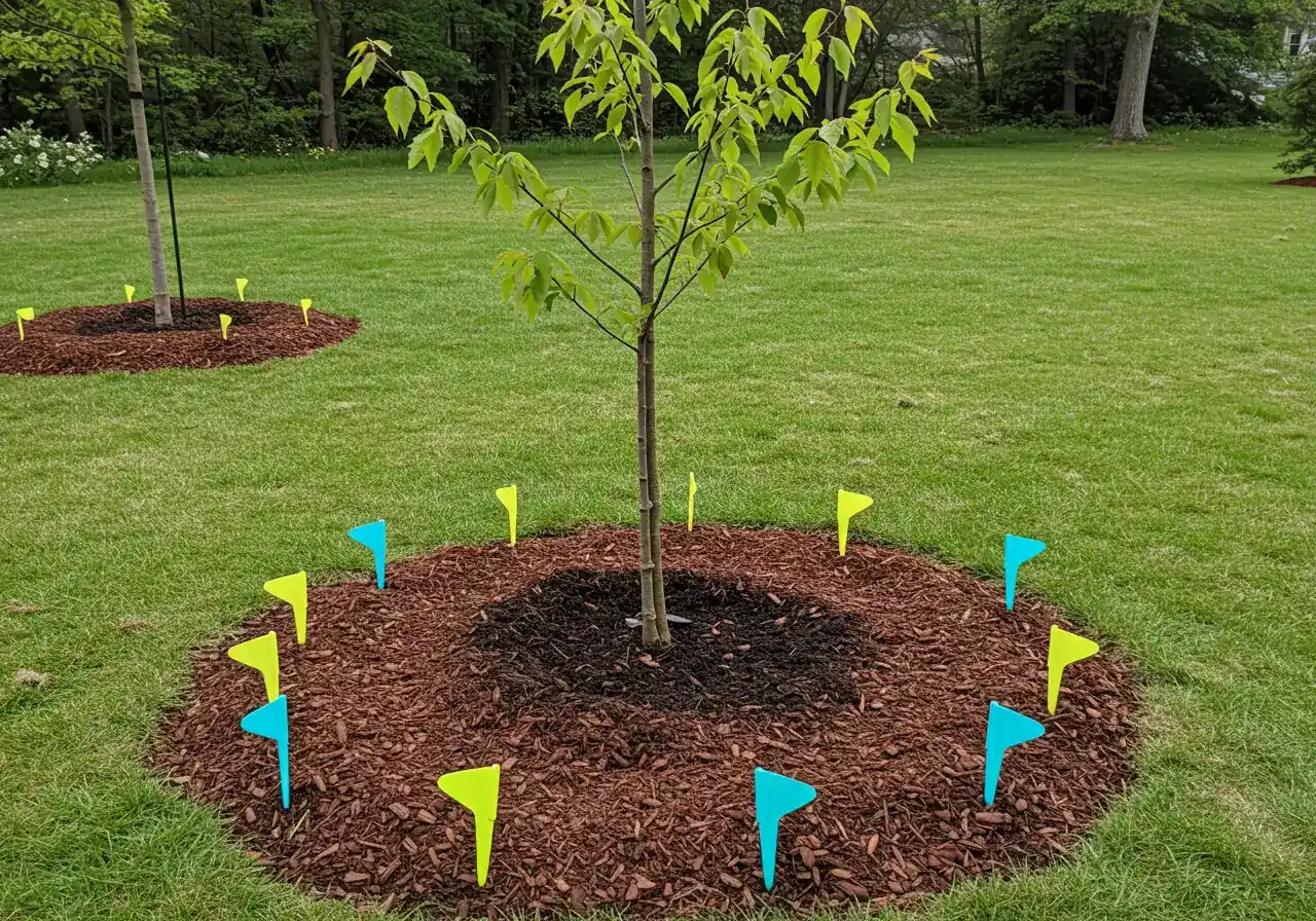 An illustrative photograph showing a newly planted small deciduous tree (like a young maple) in a prepared garden bed. Around the base of the tree, several small, brightly colored flags or wooden stakes are placed in a wide circle on the mulch, clearly marking out the projected large *mature* canopy spread of the tree many years in the future. The background is a simple lawn or fence.