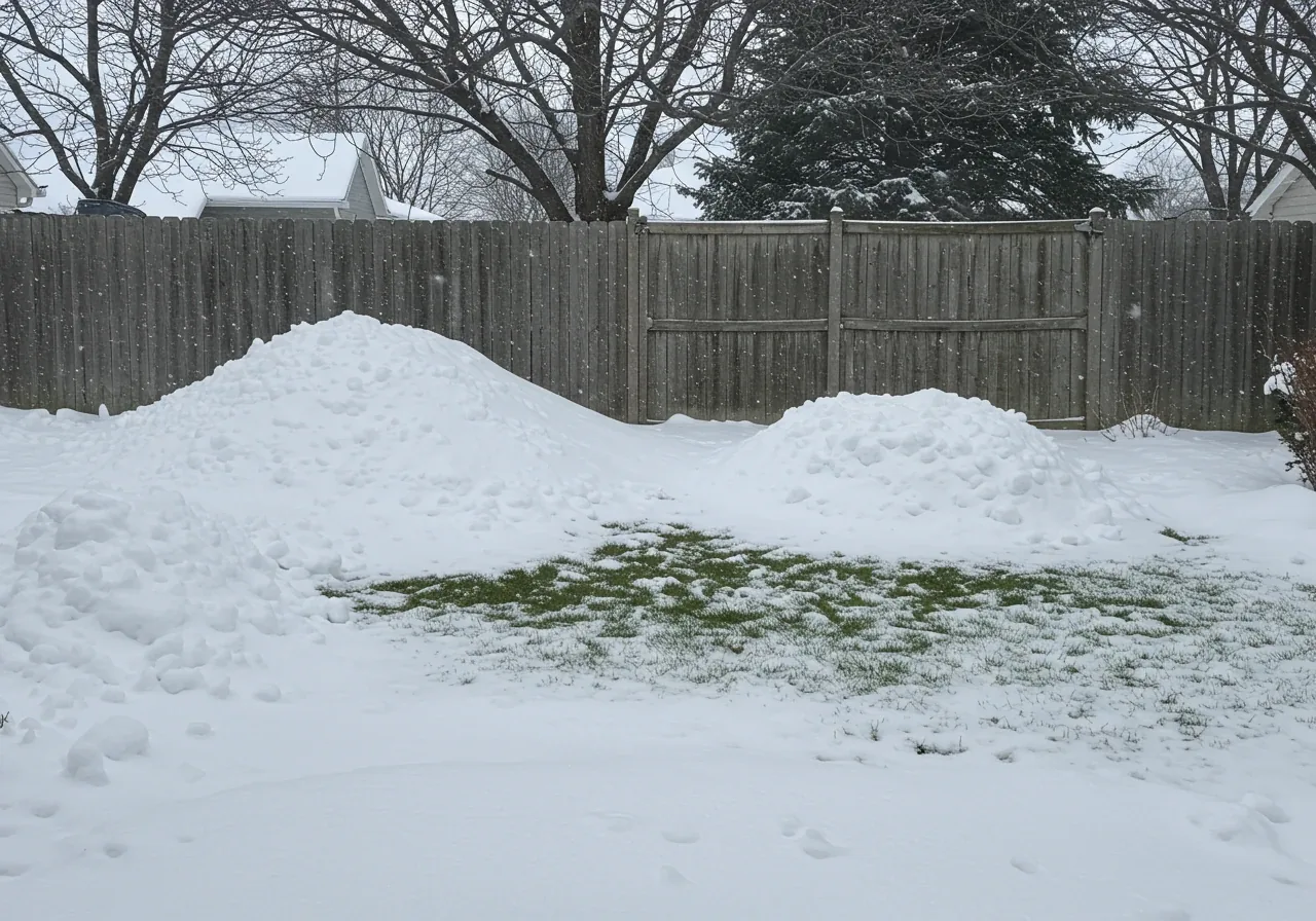 A landscape photograph of a residential backyard covered in snow after a windy day. The image clearly shows large, sculpted snowdrifts accumulated behind a natural obstacle like a dense shrub or a section of fence, while another area in the foreground or mid-ground is windswept, revealing patches of bare grass or minimal snow cover.