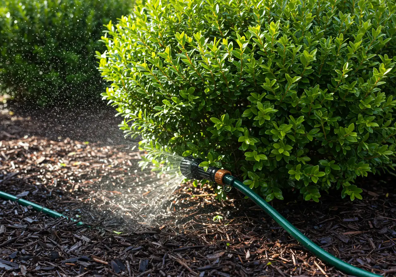 An image demonstrating the recommended watering technique. It should feature a dark-colored soaker hose or drip irrigation line laid neatly on top of dark mulch at the base of several healthy, vibrant green boxwood shrubs. Water droplets should be visible emitting from the hose directly onto the mulch/soil, while the boxwood foliage above remains completely dry. Early morning light would enhance the visual.