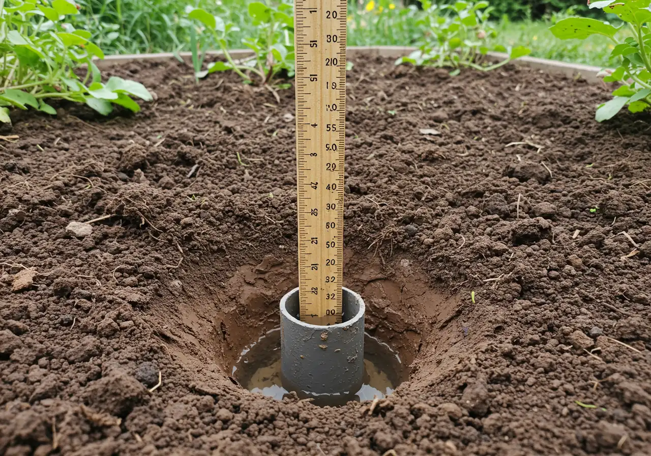 An illustrative photograph depicting a 'percolation test' in progress within a garden bed featuring visible clay soil. The image shows a dug hole (approx. 1 foot deep) partially filled with water, with a simple wooden ruler or measuring stick inserted vertically against the side to measure the water level drop over time, demonstrating how to check soil drainage.