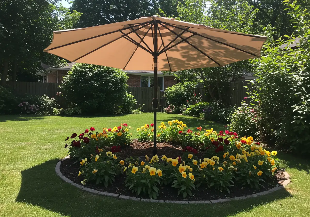 A practical example of providing temporary shade in a garden setting. The image should show a simple setup, perhaps a light-colored patio umbrella angled over a particularly sun-exposed flower bed, or a white sheet carefully draped over garden stakes to shield vulnerable plants during the hottest part of the day. Focus on the contrast between the shaded area and the bright sunlit surroundings.