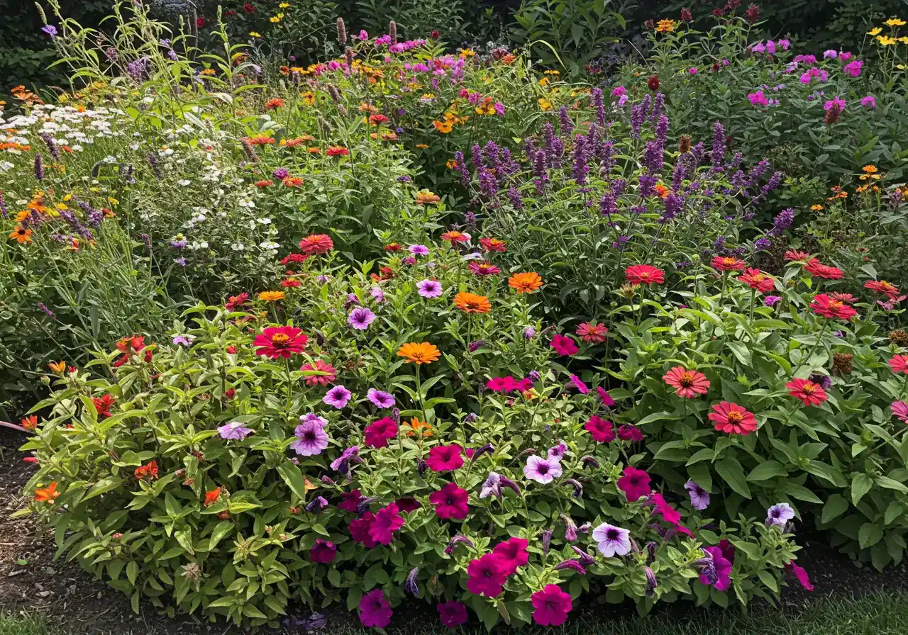 A vibrant, appealing shot of a well-maintained garden bed or large container garden overflowing with healthy, profusely blooming annuals and perennials known to benefit from deadheading (e.g., petunias, zinnias, salvia, shasta daisies). The plants should look lush, colourful, and dense, showcasing the beautiful result of consistent deadheading throughout the summer. No faded blooms should be prominent.