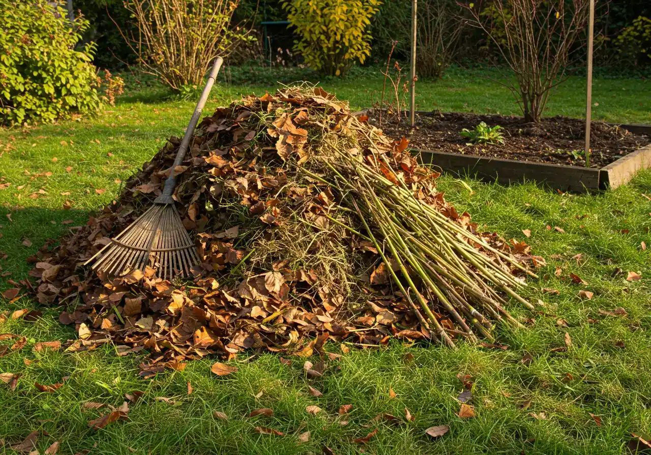Image depicting the result of a thorough fall cleanup: A neat pile of raked autumn leaves and cut plant debris collected beside a cleaned-up garden bed, ready for removal.
