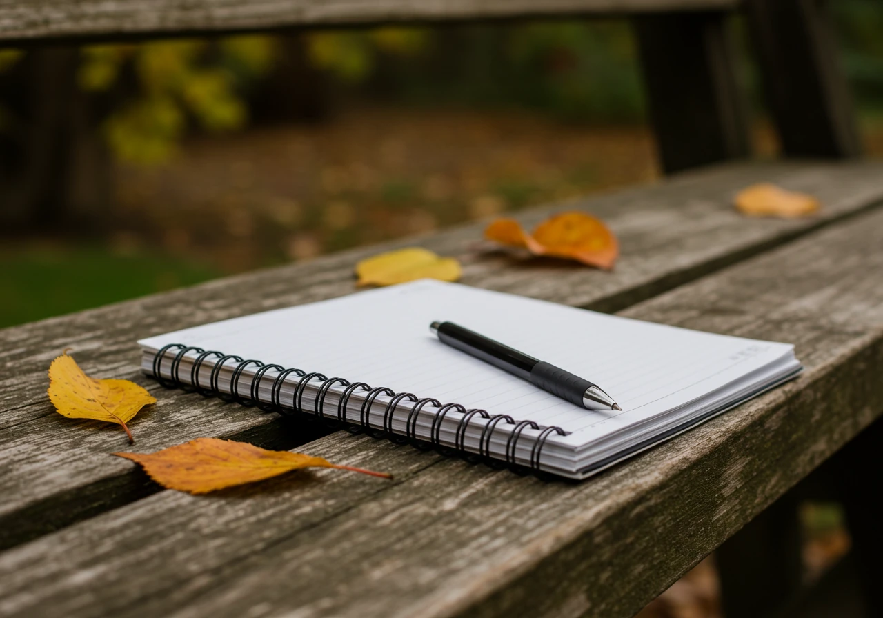 An image depicting the simple tools needed for logging: a basic notebook and pen resting on a rustic surface within a garden setting, perhaps a weathered wooden bench or potting table, with some fall leaves scattered nearby. This reinforces the 'Keep it Simple' message.