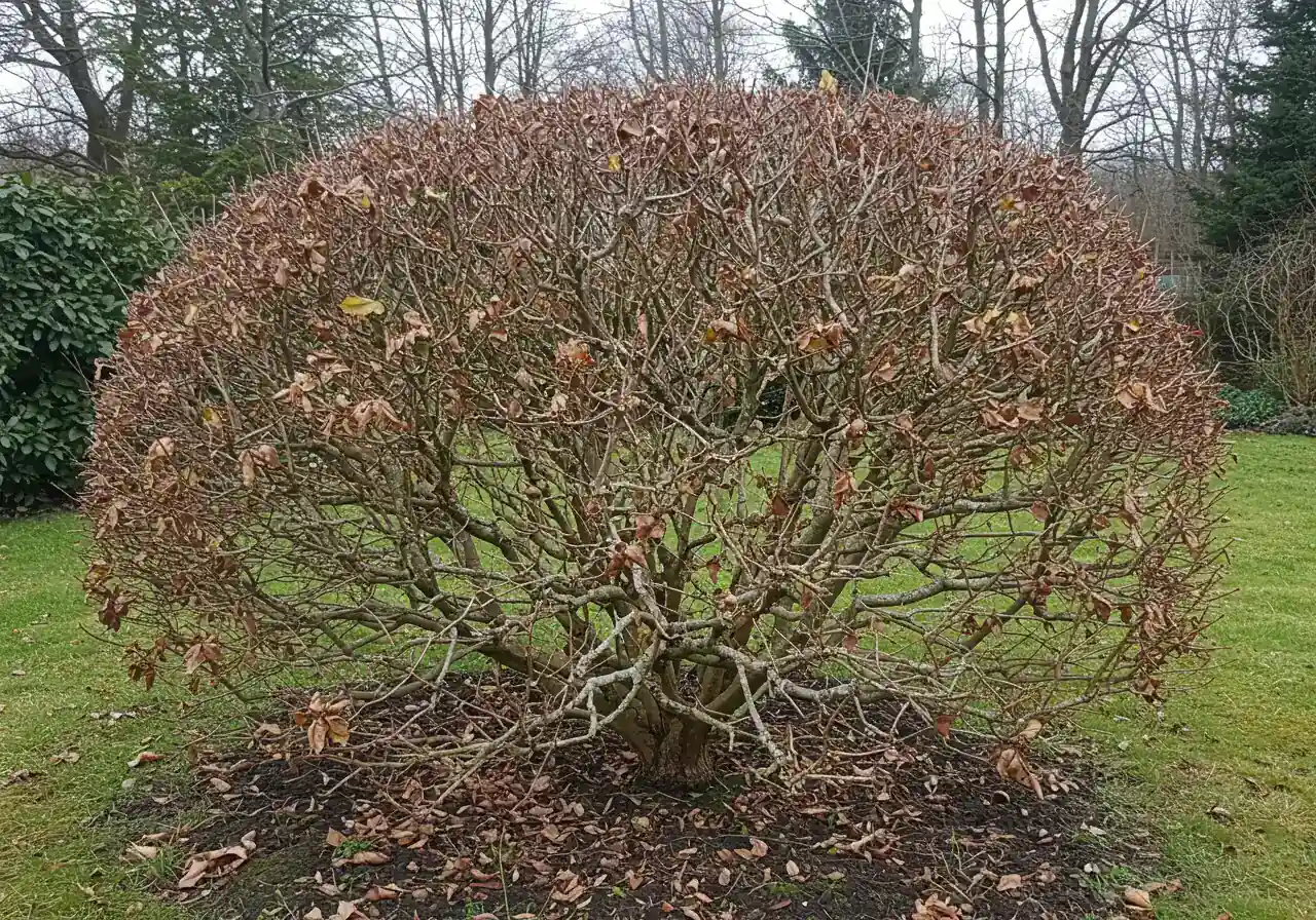 A medium shot capturing a deciduous shrub in clear decline within a garden setting. More than half of the branches are visibly dead, grey, brittle, and leafless. The remaining foliage is sparse, perhaps yellowing or exhibiting disease spots. The overall impression is one of poor health and neglect, making it look out of place.