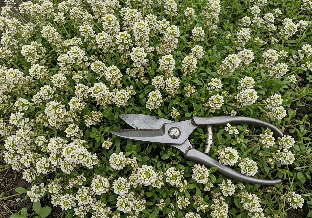 An image illustrating the 'shearing' technique context. It should show a pair of long-bladed garden shears resting near a mounding plant like Sweet Alyssum or Creeping Phlox that has finished its main bloom cycle and is covered mostly in spent, faded flower heads, ready for a trim. The image conveys the scale of shearing needed for such plants.