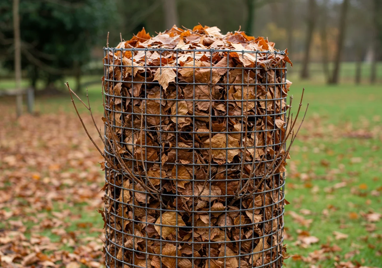Clear photograph illustrating the 'Leafy Fortress' method. A cylinder made of wire mesh (like chicken wire) encircles a dormant hydrangea shrub. The cylinder is completely filled with dry, brown autumn leaves, mounding slightly over the top. The wire cage and leaves provide insulation.