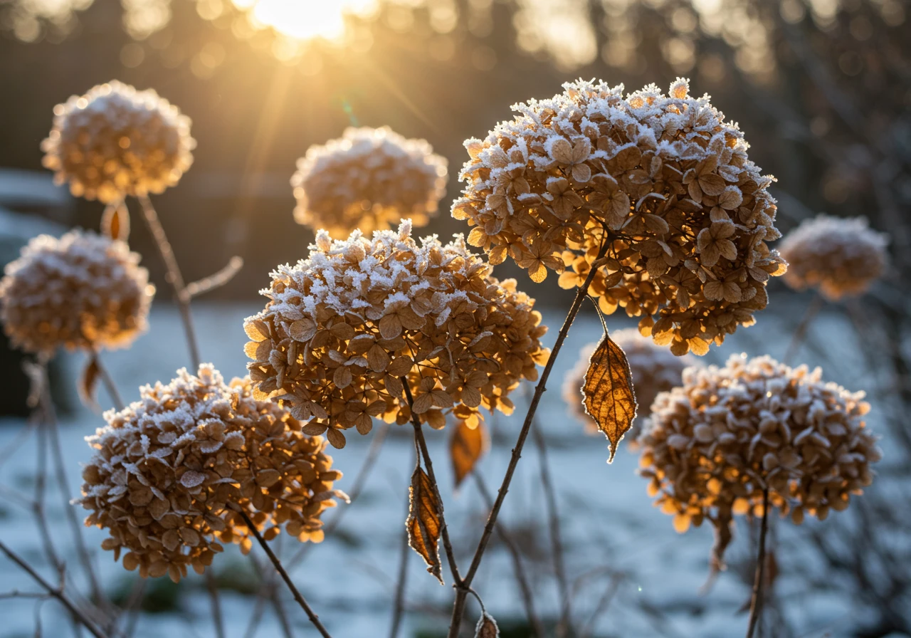 An evocative image showing the 'winter interest' aspect mentioned in the article. Dried, tan-colored Panicle hydrangea flower heads (cone-shaped) are shown standing in a dormant garden bed, perhaps lightly dusted with frost or snow, catching the low winter sunlight. This illustrates why some gardeners choose to leave the spent blooms on over winter.