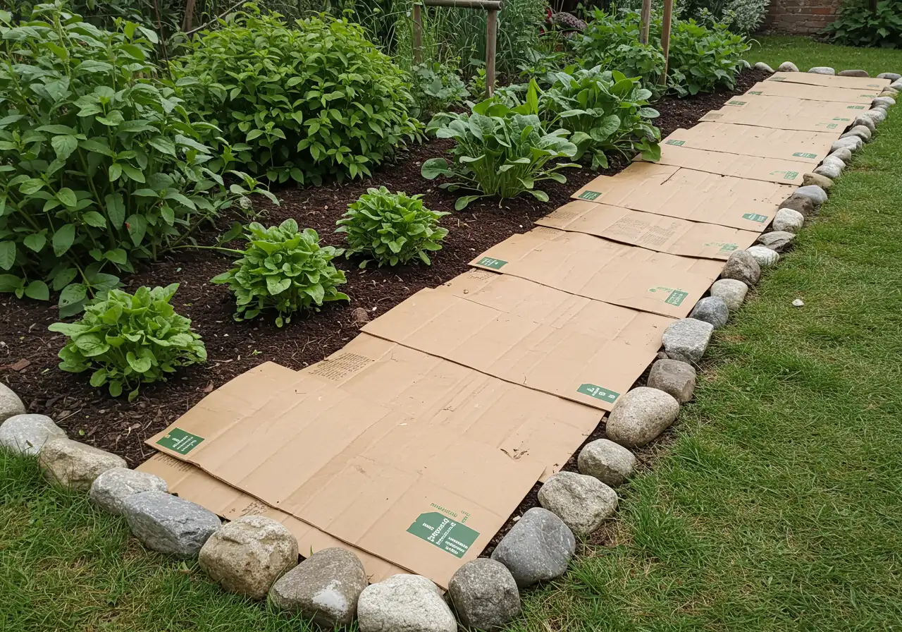 A photograph illustrating the smothering technique for controlling invasive groundcovers. It shows a section of a garden bed covered neatly with overlapping layers of plain brown cardboard. Natural-looking field stones or bricks are placed along the edges to hold the cardboard down securely. The surrounding garden area appears tidy.
