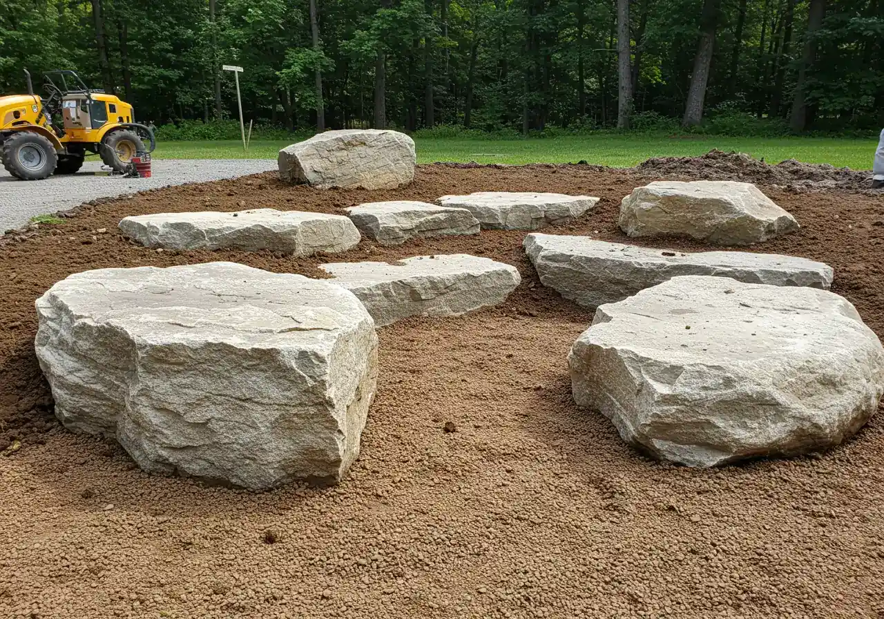 A photograph illustrating Step 5: Rock Placement. Show several large, natural-looking boulders (like granite or limestone) carefully positioned within a partially built rock garden bed containing the gritty soil mix. One or two rocks should be partially buried to look natural. Focus on the arrangement and stability, with empty pockets visible for future planting. No tools or people.