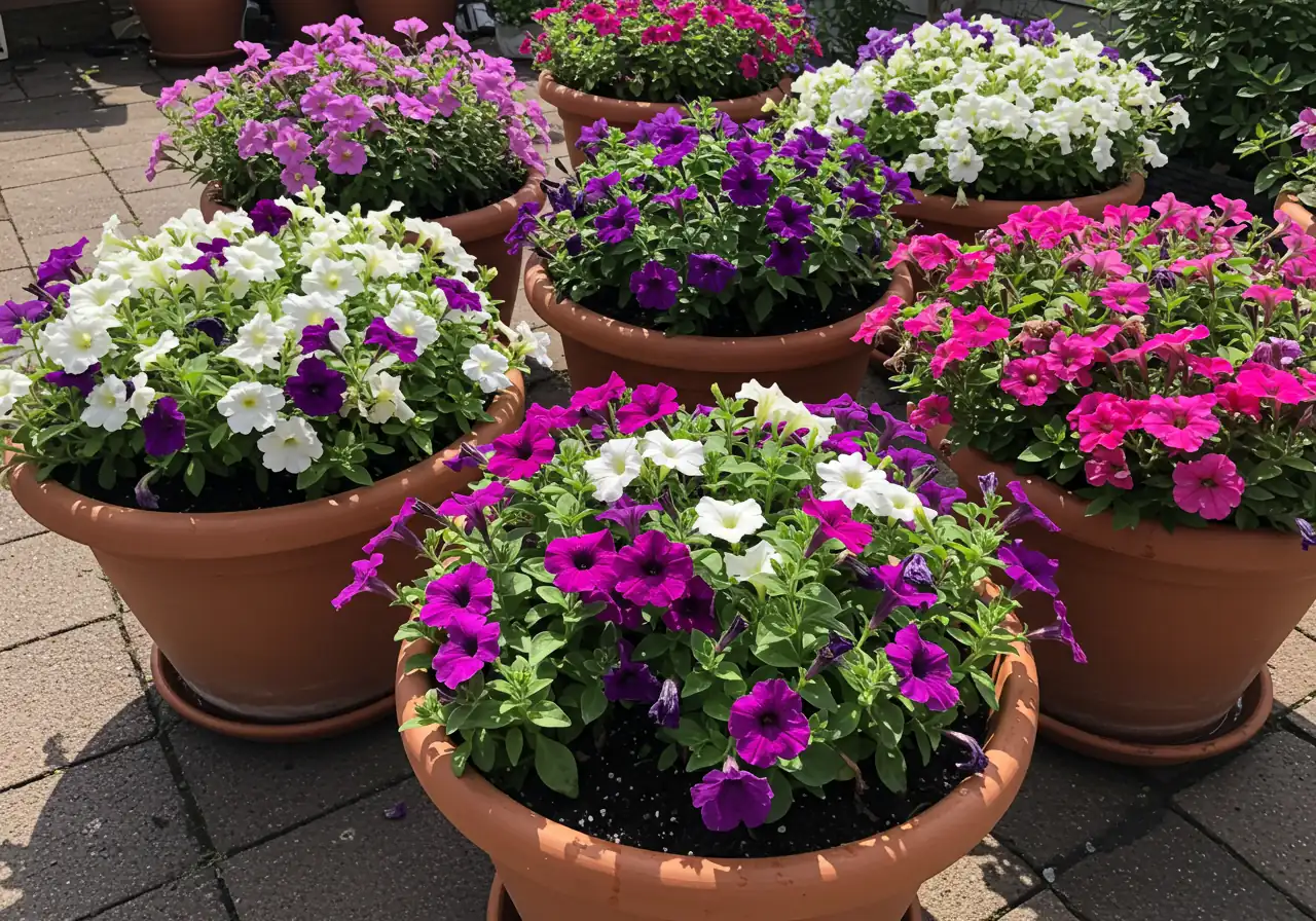 A visually appealing shot of several potted petunia plants thriving in full sun. The plants are bushy, loaded with flowers in various colours (e.g., purple, pink, white), and look extremely healthy and well-watered, perhaps with some glistening water droplets on the leaves or soil, suggesting recent care.