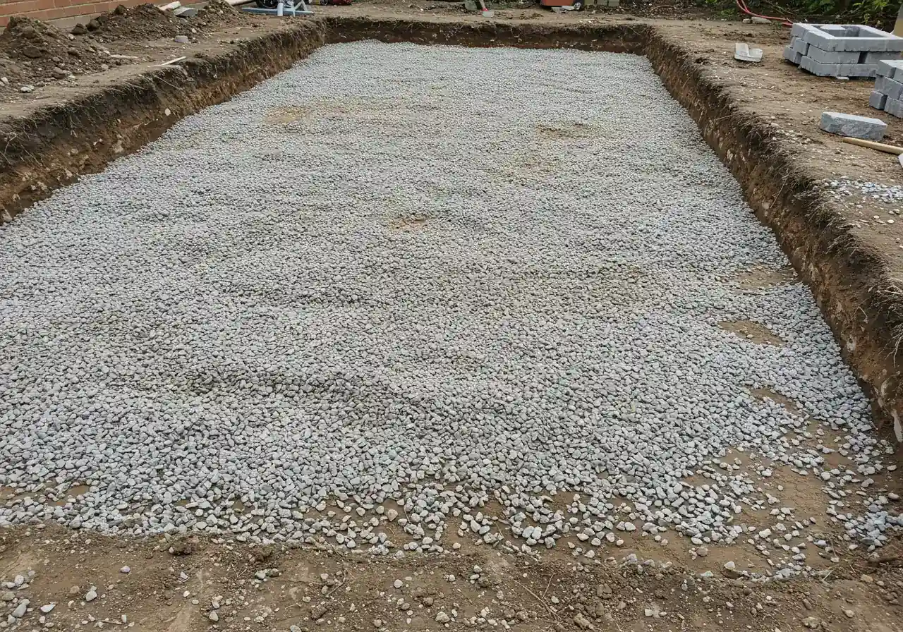 An image showing the carefully prepared base layers for permeable pavers before the pavers themselves are laid. This should illustrate the different sizes of clean, angular crushed stone (aggregate), perhaps showing a coarser layer below and a finer layer on top within the excavated area, emphasizing the 'secret sauce' described.