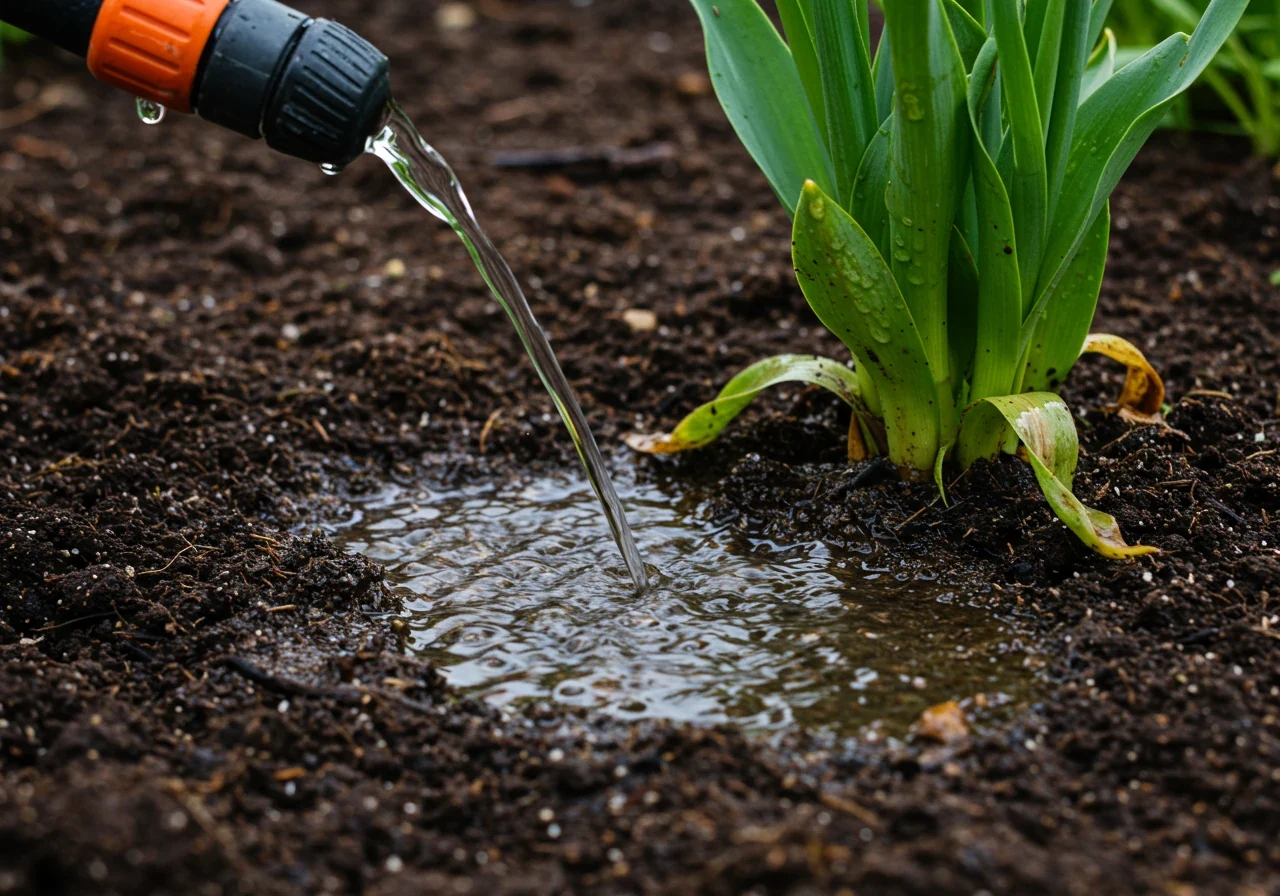 An image depicting the crucial step of flushing excess fertilizer salts from the soil. It should show water from a hose gently soaking into the soil at the base of a garden plant (which might look slightly stressed), emphasizing deep, slow watering rather than surface runoff.