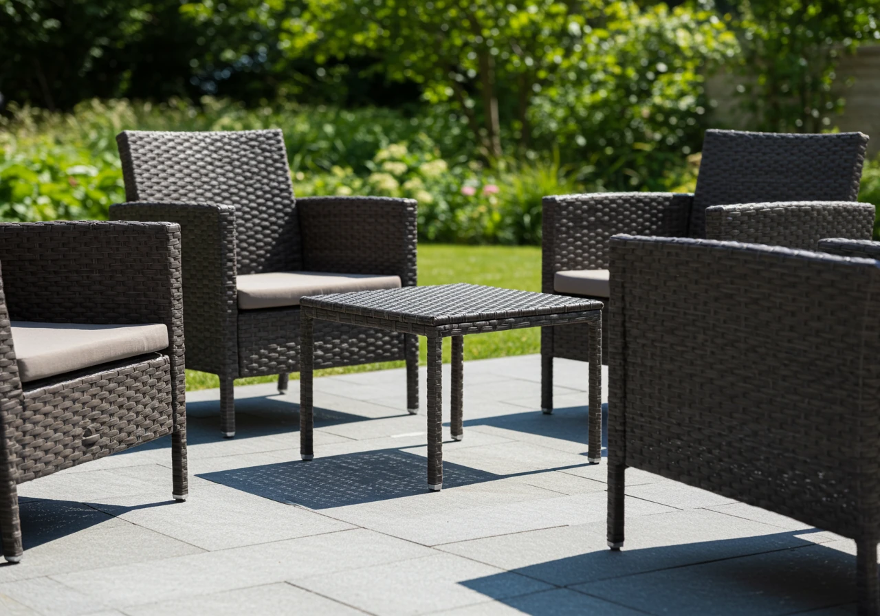 A stylish arrangement of empty, high-quality dark brown or grey resin wicker outdoor furniture (e.g., two armchairs and a small side table) sitting on a modern interlocking paver patio. The intricate woven texture of the all-weather wicker is clearly visible and looks durable. Subtle sunlight highlights the furniture's form. The background shows softly blurred garden greenery (shrubs, flowers). No people are present. The image emphasizes durable, comfortable, and attractive outdoor furniture suitable for the region.