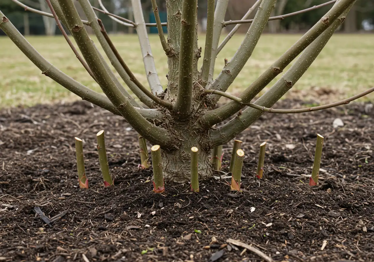 An image demonstrating the result of the 'Full Reset' pruning method. It should show the base of a dogwood shrub cut back hard, with only short (4-6 inch) stubs remaining emerging from the ground or crown. The surrounding ground should be tidy.