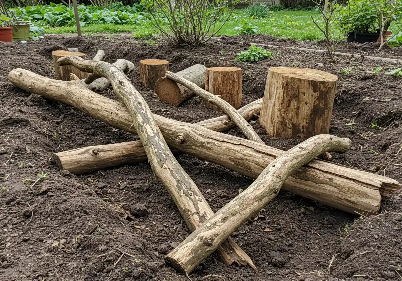 An illustrative image showing logs and branches partially buried in a trench within a garden setting. The focus should be on the wood itself nestled in the soil, hinting at the decomposition process without showing active digging or people. Natural lighting, perhaps dappled sunlight.