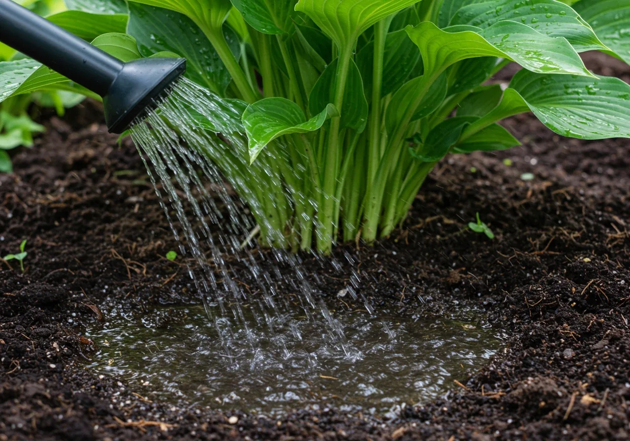 A photograph illustrating the concept of 'watering smarter'. It shows water from a watering can or hose end nozzle gently but deeply soaking the dark soil directly around the base of a healthy, established garden plant (like a perennial or small shrub). The focus is on the water penetrating the soil near the roots, not splashing onto the leaves. Early morning light casting soft shadows.