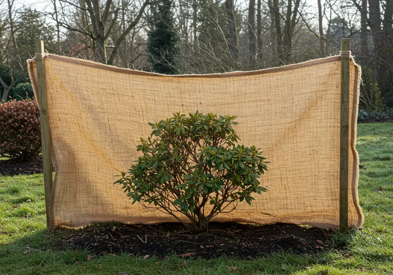 An image depicting a burlap screen set up to protect a vulnerable young evergreen shrub (like a small rhododendron or conifer) from winter wind and sun. Show the burlap fabric stretched taut between wooden stakes positioned on one or two sides of the plant (typically south/west), ensuring the burlap does not touch the foliage. The scene should suggest a winter landscape.