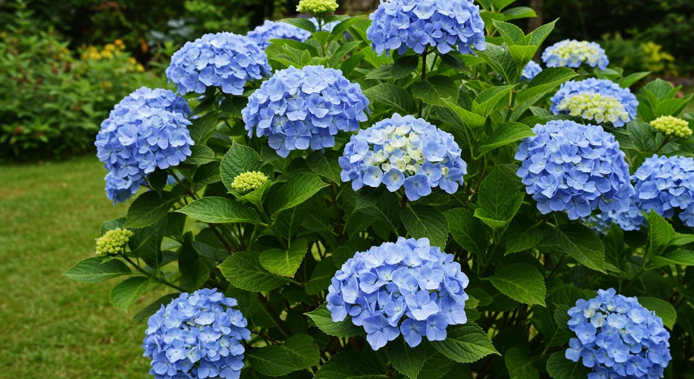 A vibrant, healthy hydrangea bush laden with large, impressive blue flower heads, symbolizing the 'talk of the neighbourhood' success mentioned. The plant is situated in a well-maintained garden setting, visually representing the desired outcome of better garden management.