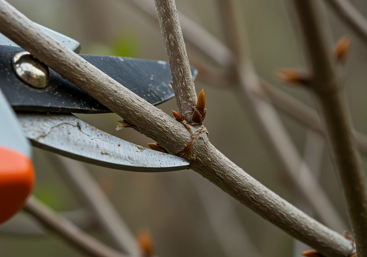 A detailed close-up image focusing on the act of pruning a dead branch from a mature shrub. This illustrates the shift in pruning focus from shaping young plants to maintenance (removing deadwood) for older ones, as discussed in this section.