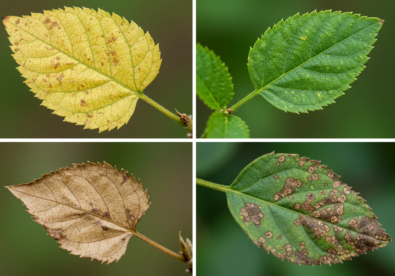 A high-resolution composite image showing four distinct leaf examples side-by-side against a soft, neutral background: 1) A leaf exhibiting overall pale yellowing typical of nitrogen deficiency. 2) A leaf with distinct yellowing between dark green veins, characteristic of iron deficiency. 3) A leaf with crispy, brown edges indicating underwatering or fertilizer burn. 4) A leaf showing dark, irregular spots typical of fungal disease. The focus is purely on the leaves and their symptoms.