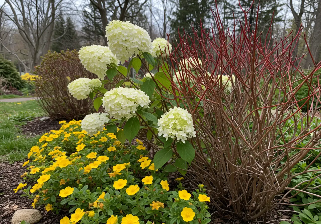 A visually appealing composition showcasing several of the suggested Ottawa-friendly shrubs in a garden setting. For instance, the image could feature the bright yellow flowers of a Potentilla, the large white blooms of an Annabelle Hydrangea, and the striking red winter stems of a Red Osier Dogwood, arranged naturally to show variety.