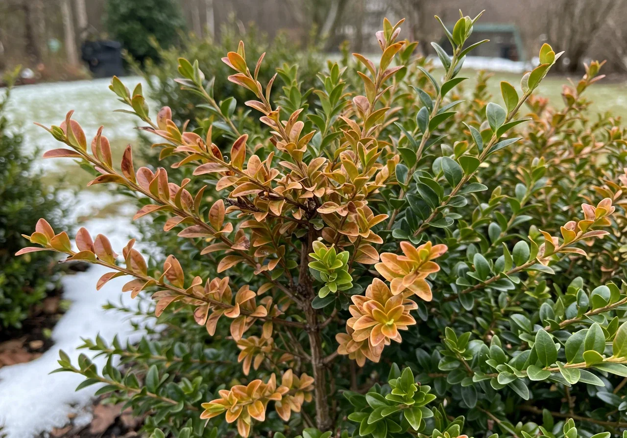 A photograph illustrating typical winter burn damage on a boxwood. The image shows a boxwood shrub where the browning or bleaching is concentrated primarily on the tips of the branches or on one side that was likely exposed to winter sun and wind, distinct from overall yellowing or browning from the base up.