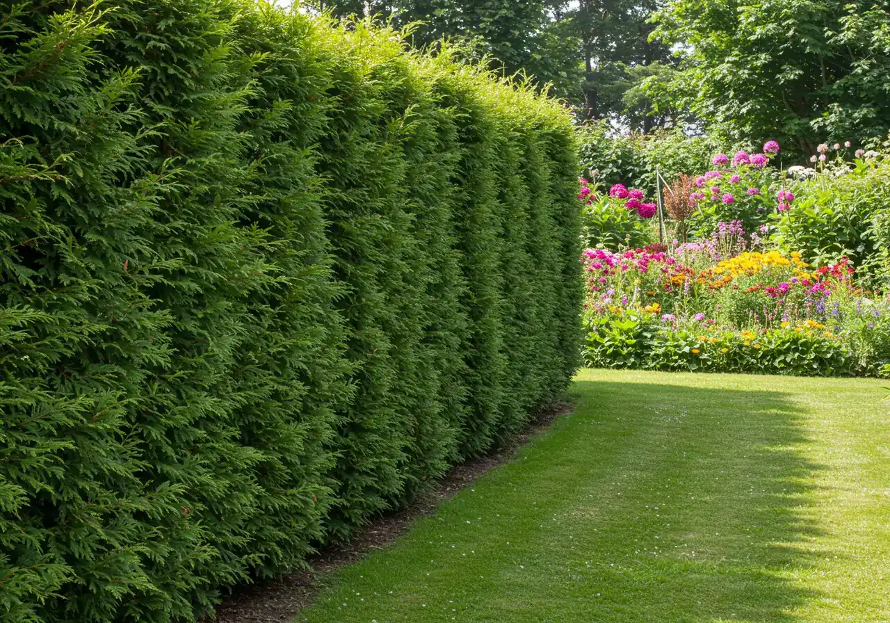 A photograph illustrating the use of barrier plants for prevention. It should depict a healthy, dense hedge composed of hardy evergreen shrubs (like cedar or juniper) forming a substantial green wall along a property edge. Behind this protective hedge, a section of a vulnerable garden bed with colourful, sensitive plants (like roses or vegetables) should be partially visible, emphasizing the shielding effect of the hedge. The image should convey a sense of protection and thoughtful landscape design. Sunny day lighting.