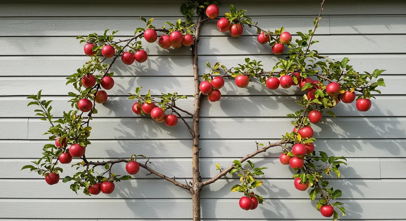 A vibrant, realistic image showcasing a simple espalier apple tree trained horizontally against a plain suburban garage wall. The branches are neatly arranged and bear ripening red apples, illustrating the space-saving and aesthetic benefits mentioned in the introduction.