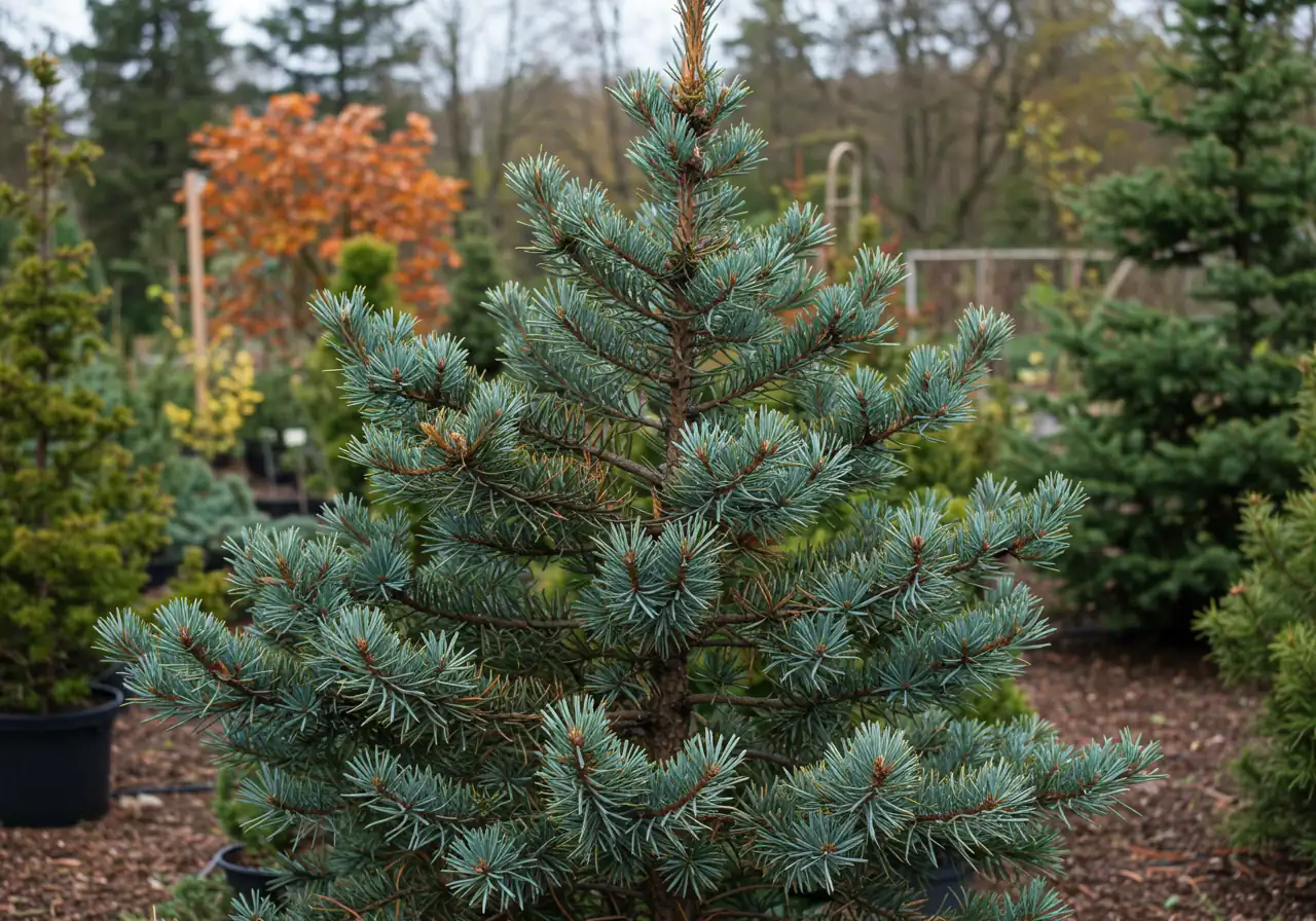 An image showcasing a healthy, young-to-medium sized Scots Pine (Pinus sylvestris) in a nursery or garden setting, clearly displaying its characteristic features suitable for cloud pruning: attractive orange-brown upper bark, bluish-green needles, and an open, somewhat irregular branching structure that suggests potential for shaping. The tree should look vigorous and well-suited to the described climate. The background should be simple, perhaps blurred nursery stock or a typical garden backdrop.