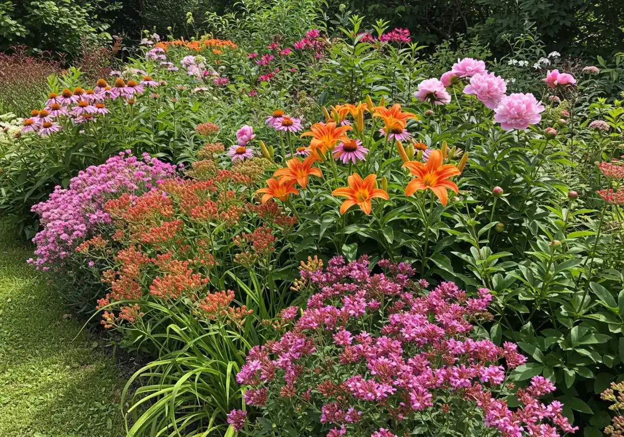 A vibrant photograph of a well-planned garden border showcasing the concept of succession planting in action during mid-summer. It should feature a mix of perennials with different bloom times - some flowers might be peaking (e.g., coneflowers, daylilies), while others nearby are just starting to bud (e.g., sedum) or slightly fading (e.g., late peonies), demonstrating continuous floral interest and effective layering.
