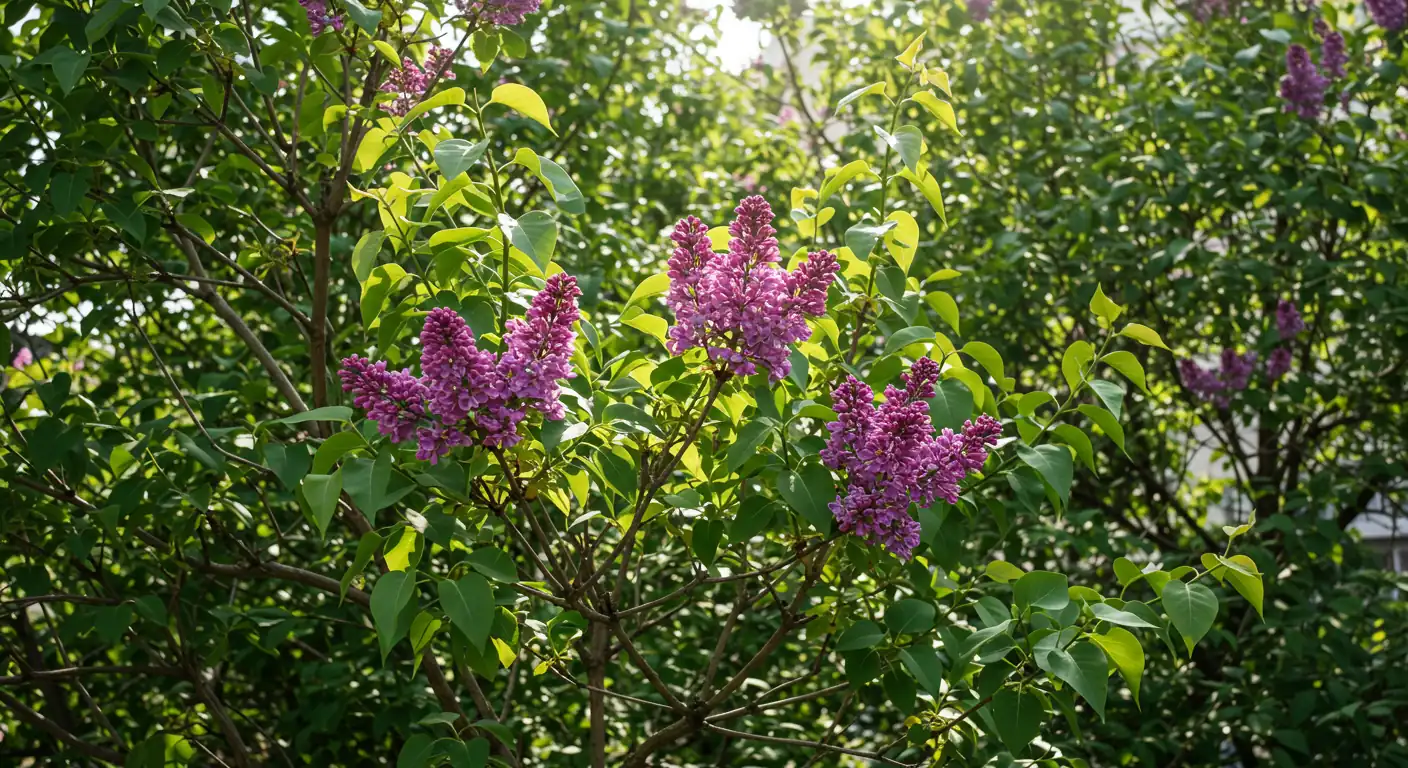 A realistic image capturing a spring scene with a lilac or forsythia bush that appears healthy but has noticeably fewer flowers than expected. The focus should be on the lack of abundant blooms, subtly illustrating the 'lacklustre display' mentioned in the text, set against a pleasant but ordinary Metcalfe garden backdrop.