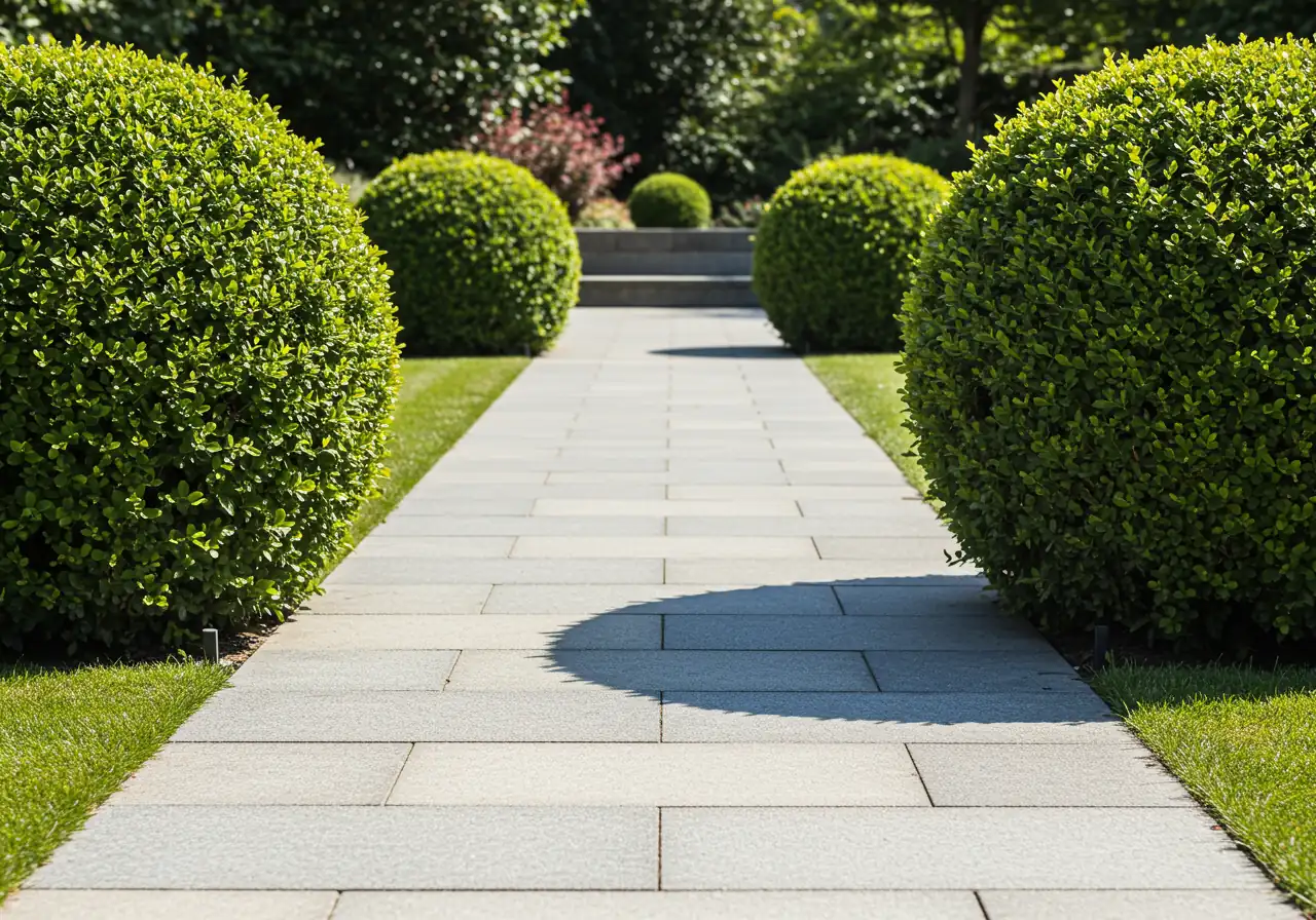 An image showcasing the professional finish mentioned in the 'Shear Magic!' or 'Your Vision Realized!' steps. It should depict a pair of flawlessly sculpted, identical geometric topiaries (e.g., spheres or cubes) made from hardy boxwood or yew, perfectly positioned to frame a garden path or entrance. The emphasis is on symmetry, precision, and the healthy, vibrant appearance of the professionally maintained shrubs.
