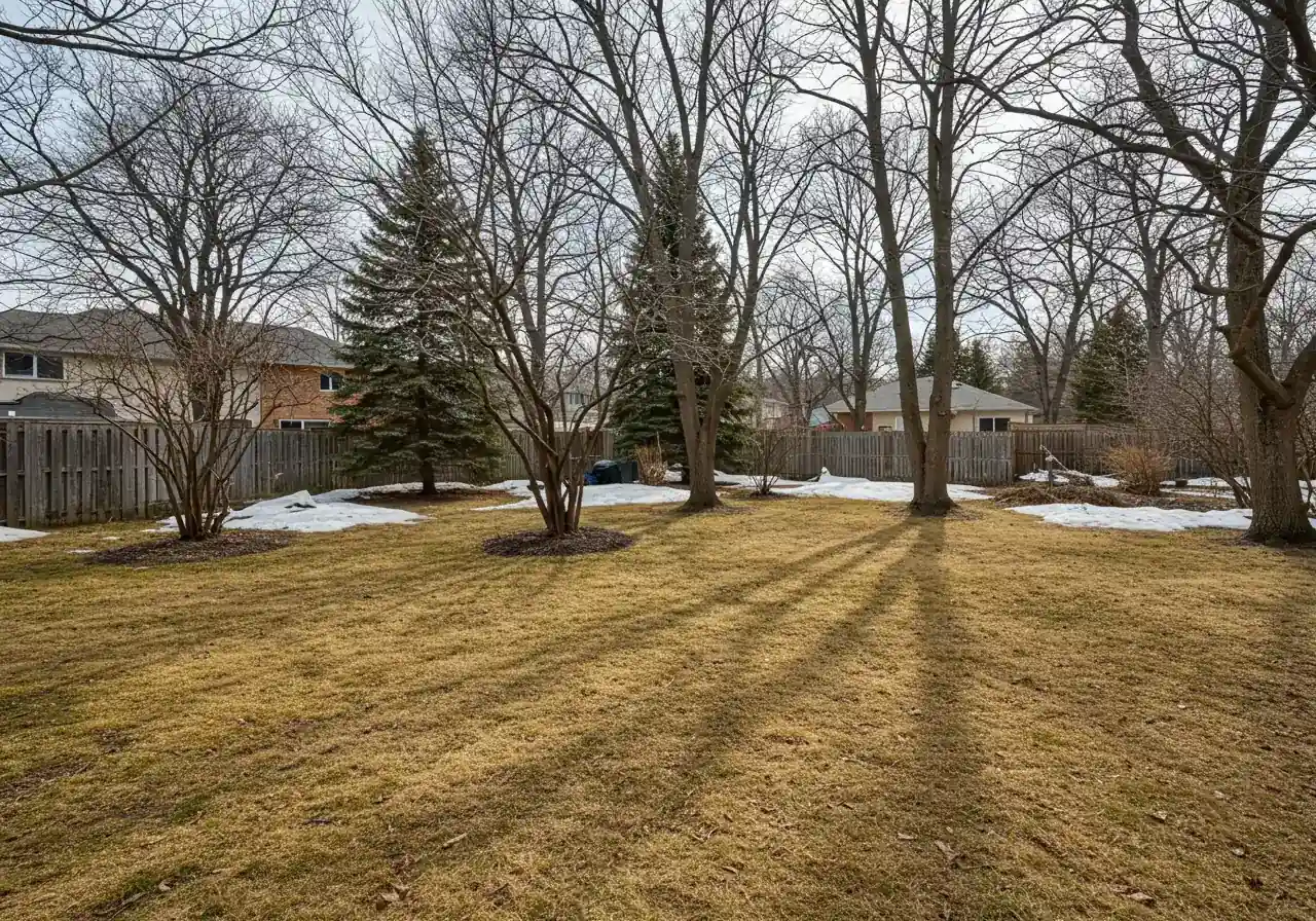 A photograph capturing a residential backyard in the Ottawa region during early spring, immediately after the snow has melted. The image clearly shows the 'bare bones' structure of the yard: dormant brown lawn, leafless deciduous trees and shrubs, visible ground contours, and perhaps a few small, lingering patches of snow in shaded spots. This illustrates the concept of seeing the yard's structure clearly before spring growth begins.