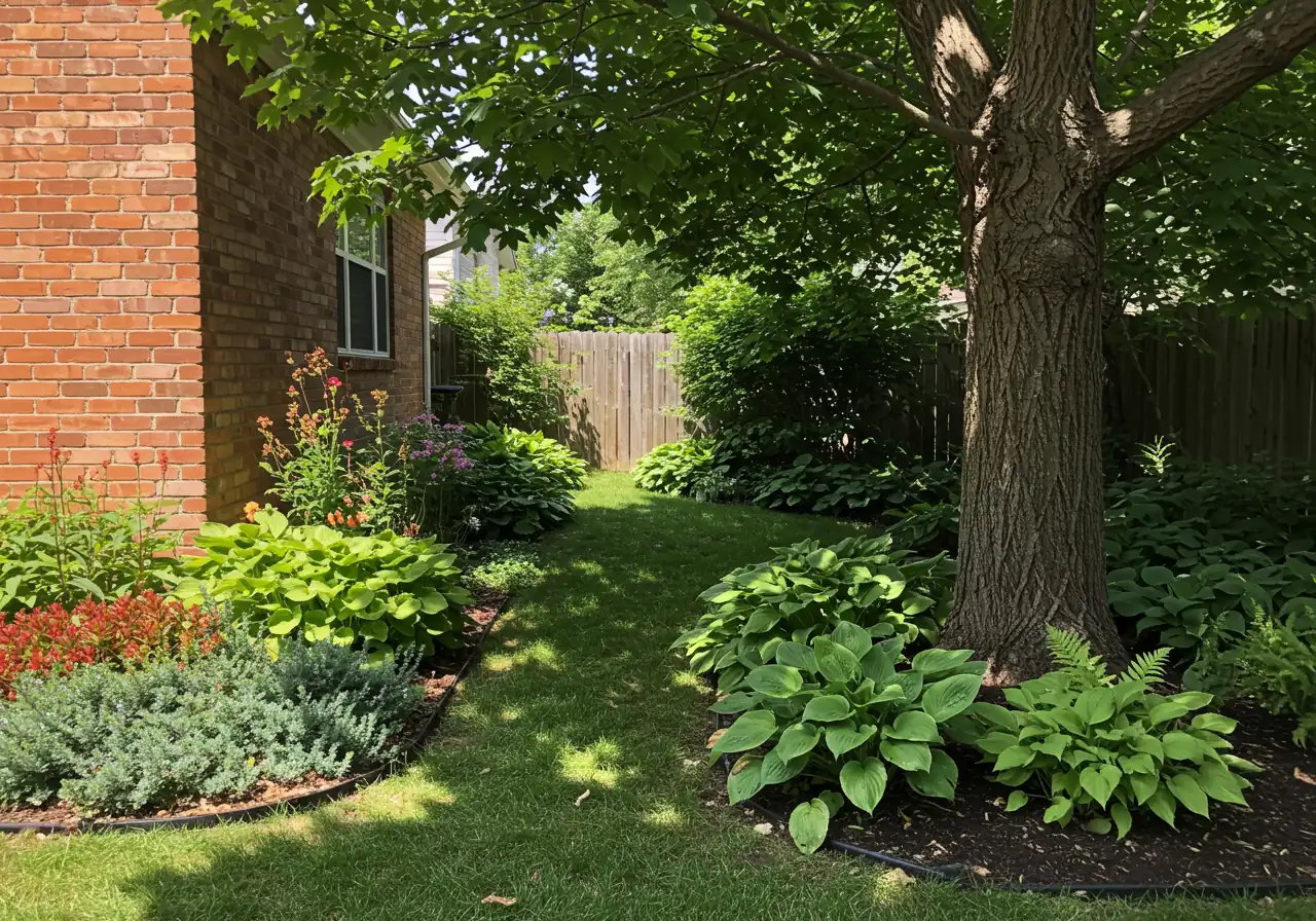 A single residential backyard visually demonstrating microclimate differences. One side shows a sun-baked area near a south-facing brick wall with heat-tolerant plants like sedum. The other side, perhaps under a large tree or near the north side of the house, shows a cool, shady area with moisture-loving plants like hostas and ferns thriving in darker soil.