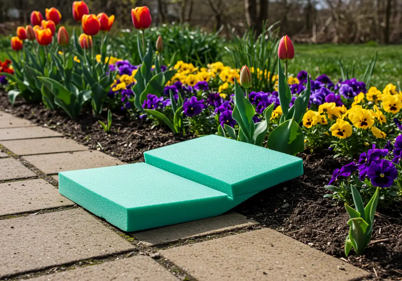 A thick, bright green foam garden kneeler pad placed neatly on a stone pathway beside a vibrant flower bed border filled with colourful spring flowers (like tulips or pansies) and dark, rich topsoil. The scene evokes comfort and readiness for planting or weeding. Soft, natural lighting.