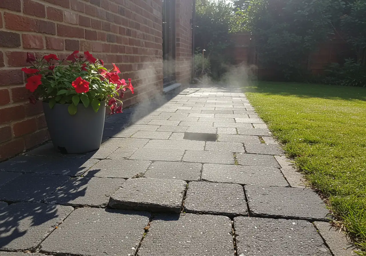 A vivid photograph illustrating a typical garden hot spot. Focus on dark paving stones adjacent to a sun-facing brick wall, visibly shimmering with heat under the intense midday summer sun. Perhaps show a few heat-stressed potted annuals nearby to emphasize the effect, contrasting with greener foliage further away in the shade.